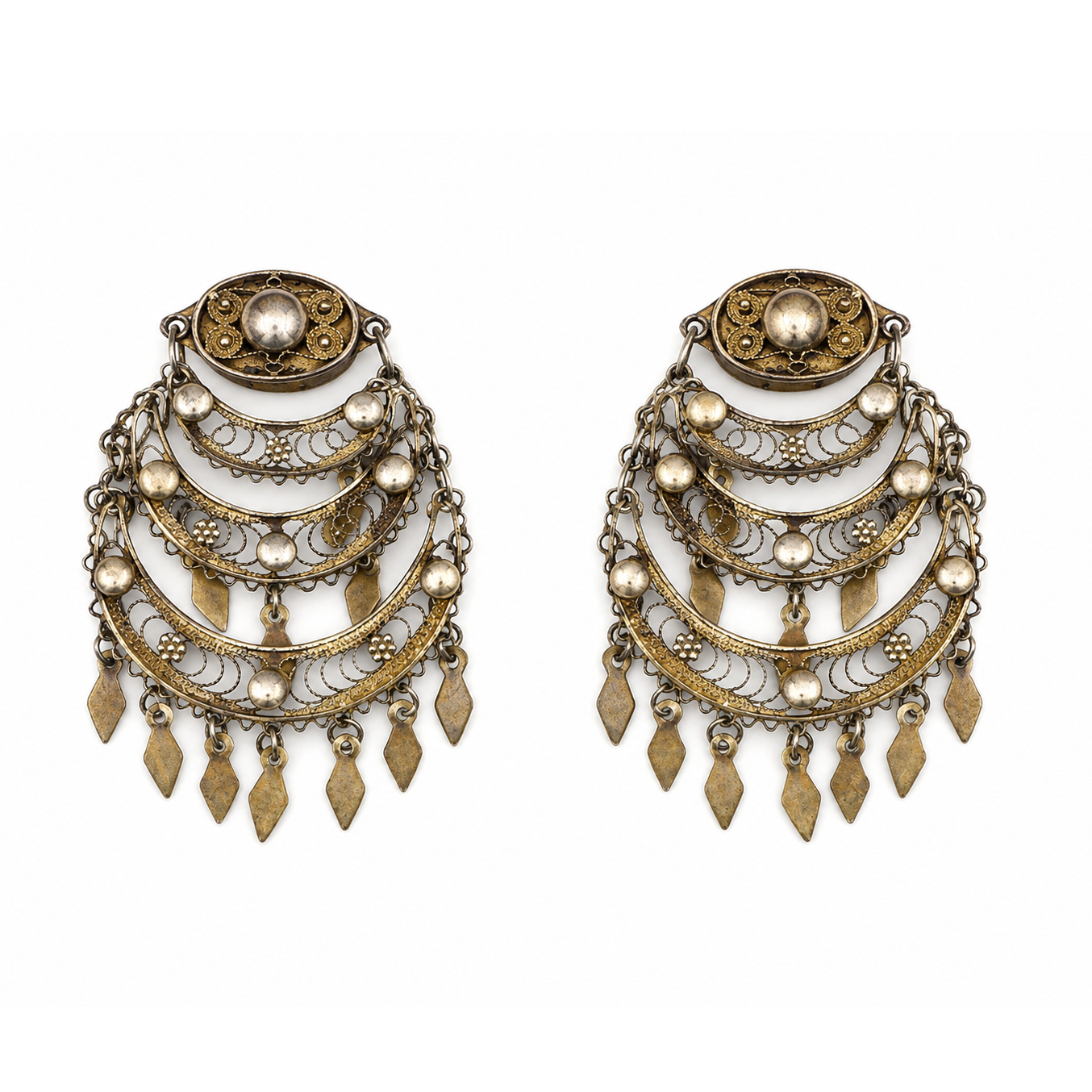 One-of-a-Kind Antique Yemeni Gold-Plated Silver Filigree Clip-On Earrings