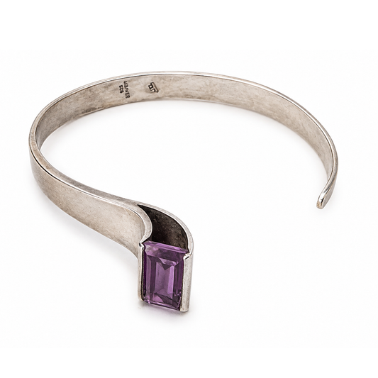 Vintage Yuval Zadok 925 Silver Amethyst Cuff Bracelet – Handmade Israeli Modernist Jewelry