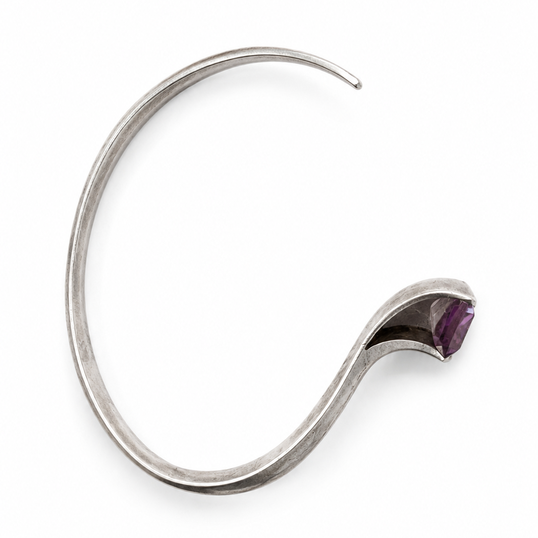 Vintage Yuval Zadok 925 Silver Amethyst Cuff Bracelet – Handmade Israeli Modernist Jewelry