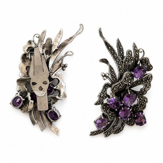 Vintage Sterling Silver Clip-On Earrings with Marcasites & Amethyst Gemstones