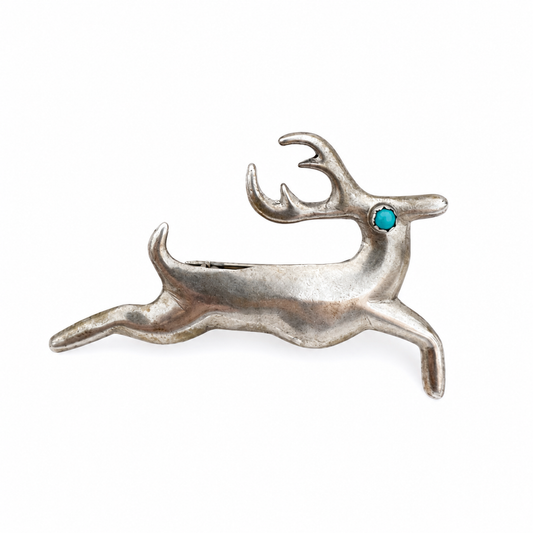 Silver Deer Brooch with Turquoise Eye – Signed by the Artist