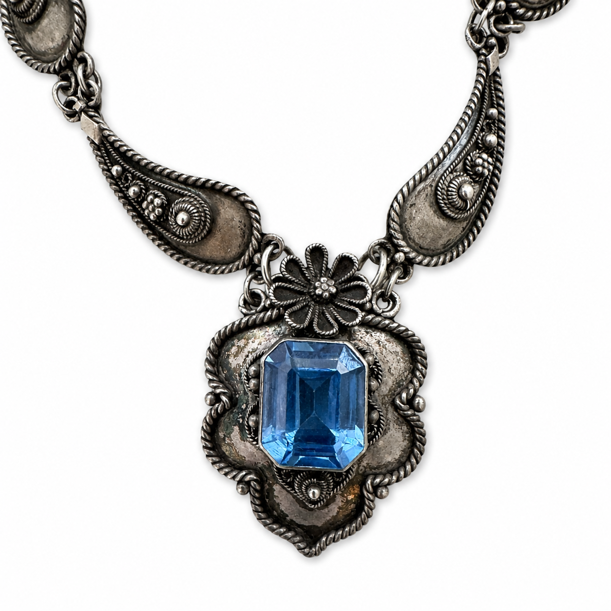 Vintage Israeli 935 Silver Blue Topaz Statement Necklace