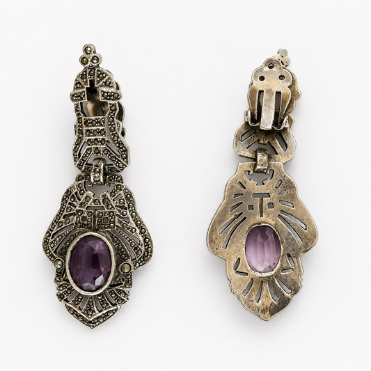 Vintage Silver Marcasite & Amethyst Art Deco Statement Earrings