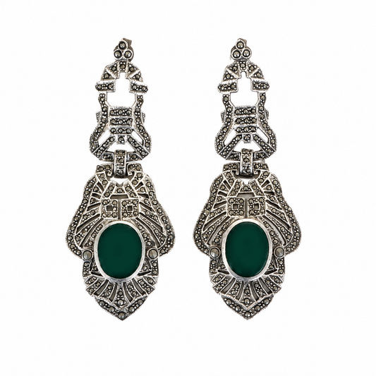 Vintage Sterling Silver Marcasite & Green Garnet Drop Earrings