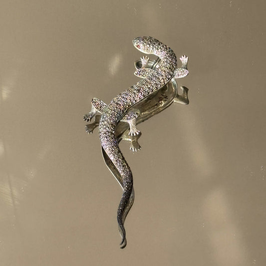 Vintage Sterling Silver Marcasite Gecko Brooch with Pink Zircon Eyes