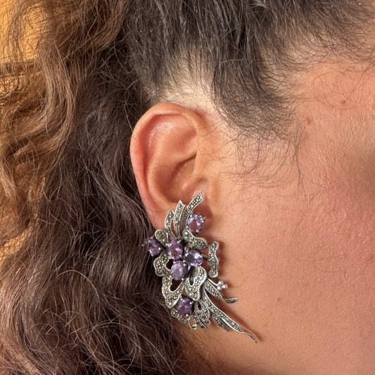 Vintage Sterling Silver Clip-On Earrings with Marcasites & Amethyst Gemstones