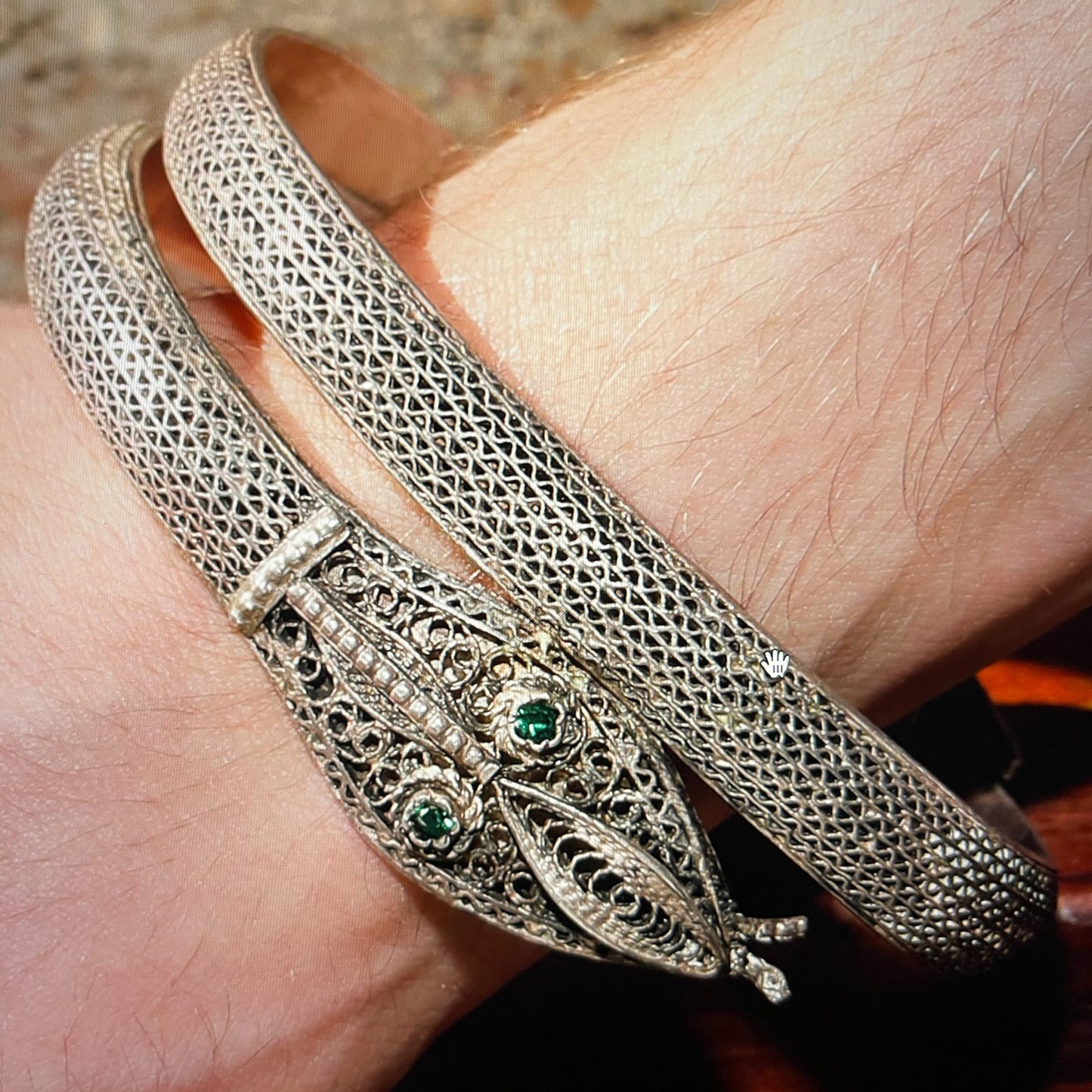 Antique snake 925 Silver Bracelet with green zircons