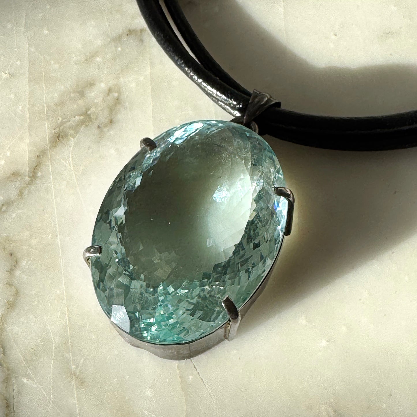 Large Blue Topaz Quartz Pendant on Leather Necklace – Sterling Silver Clasp