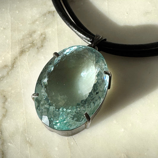 Large Blue Topaz Quartz Pendant on Leather Necklace – Sterling Silver Clasp