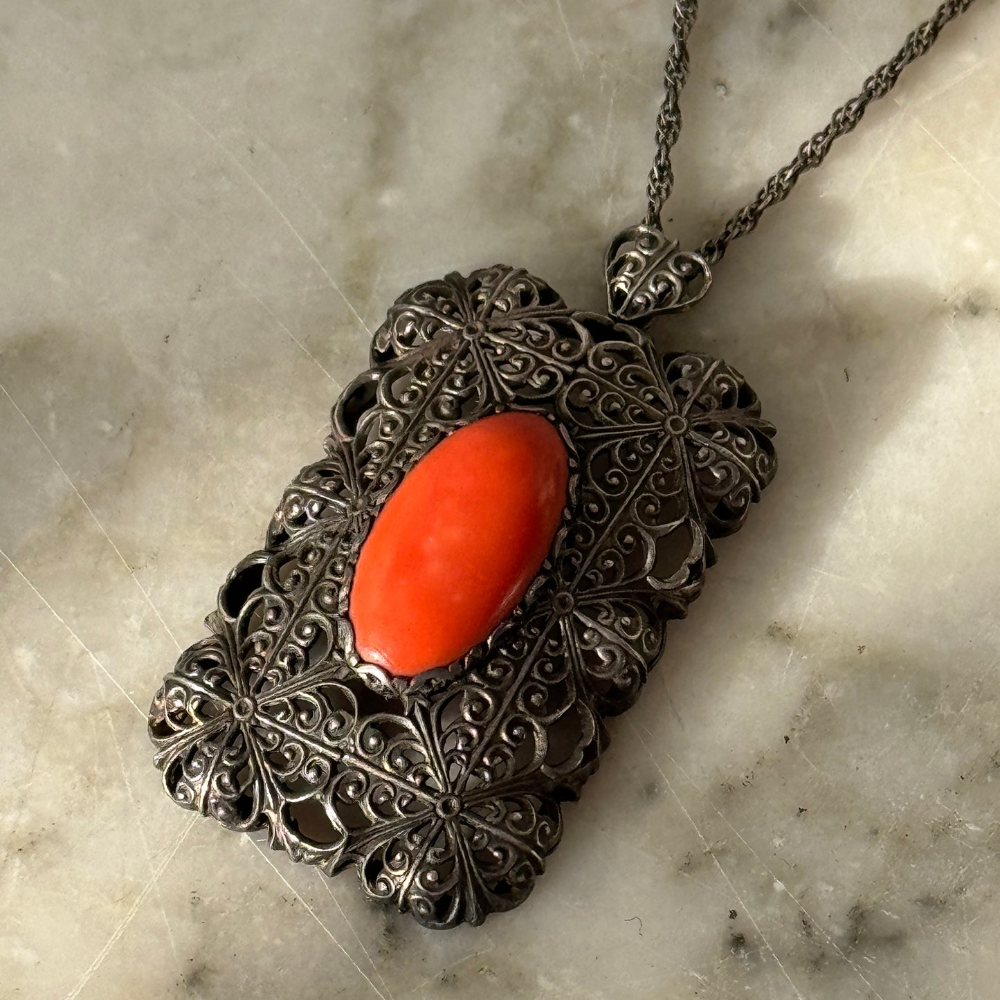 Vintage Art Deco Style Silver Filigree Pendant with Red Coral