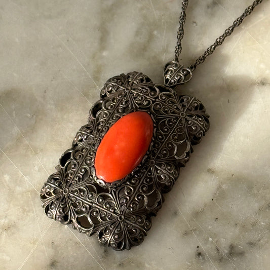Vintage Art Deco Style Silver Filigree Pendant with Red Coral