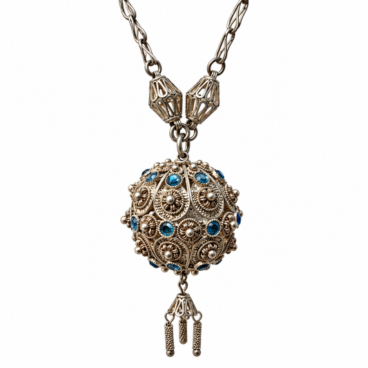 Vintage Israeli Silver Filigree Necklace with Blue Swarovski Crystals | 1940s–1950s