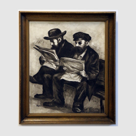 Charcoal drawing of two Jews curiously reading a newspaper