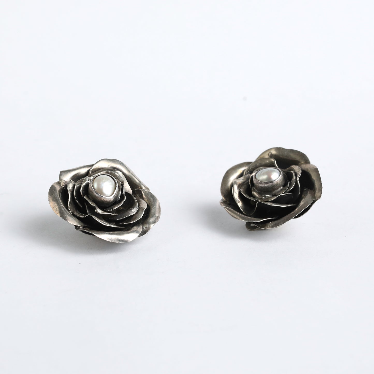 Silver Rose Earrings with Pearl by Israeli Designer S. Zilka