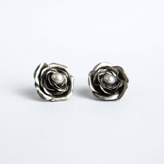 Silver Rose Earrings with Pearl by Israeli Designer S. Zilka
