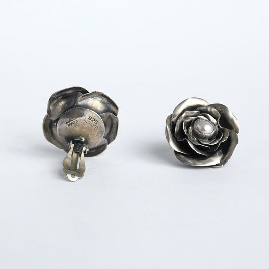 Silver Rose Earrings with Pearl by Israeli Designer S. Zilka