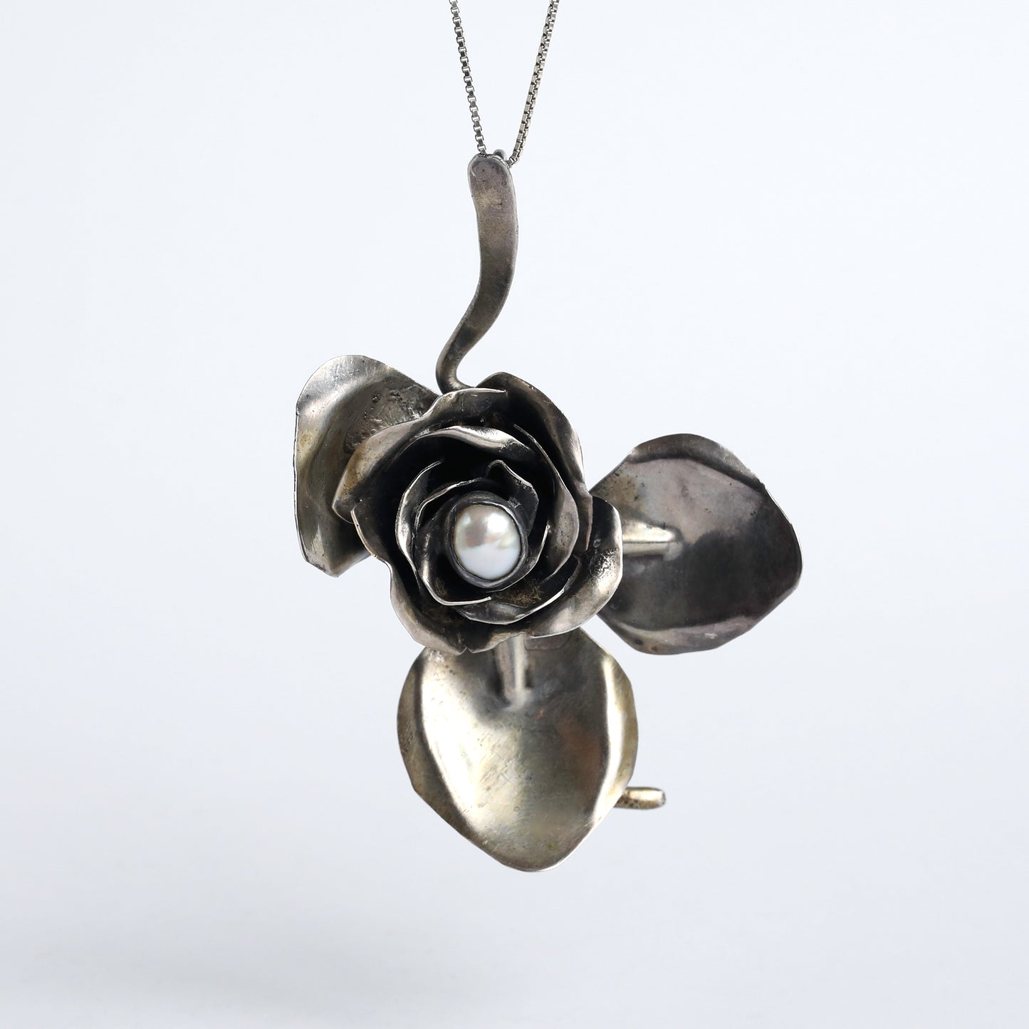 One-of-a-Kind 925 Silver Rose Pendant and Brooch with Pearl by S. Zilka