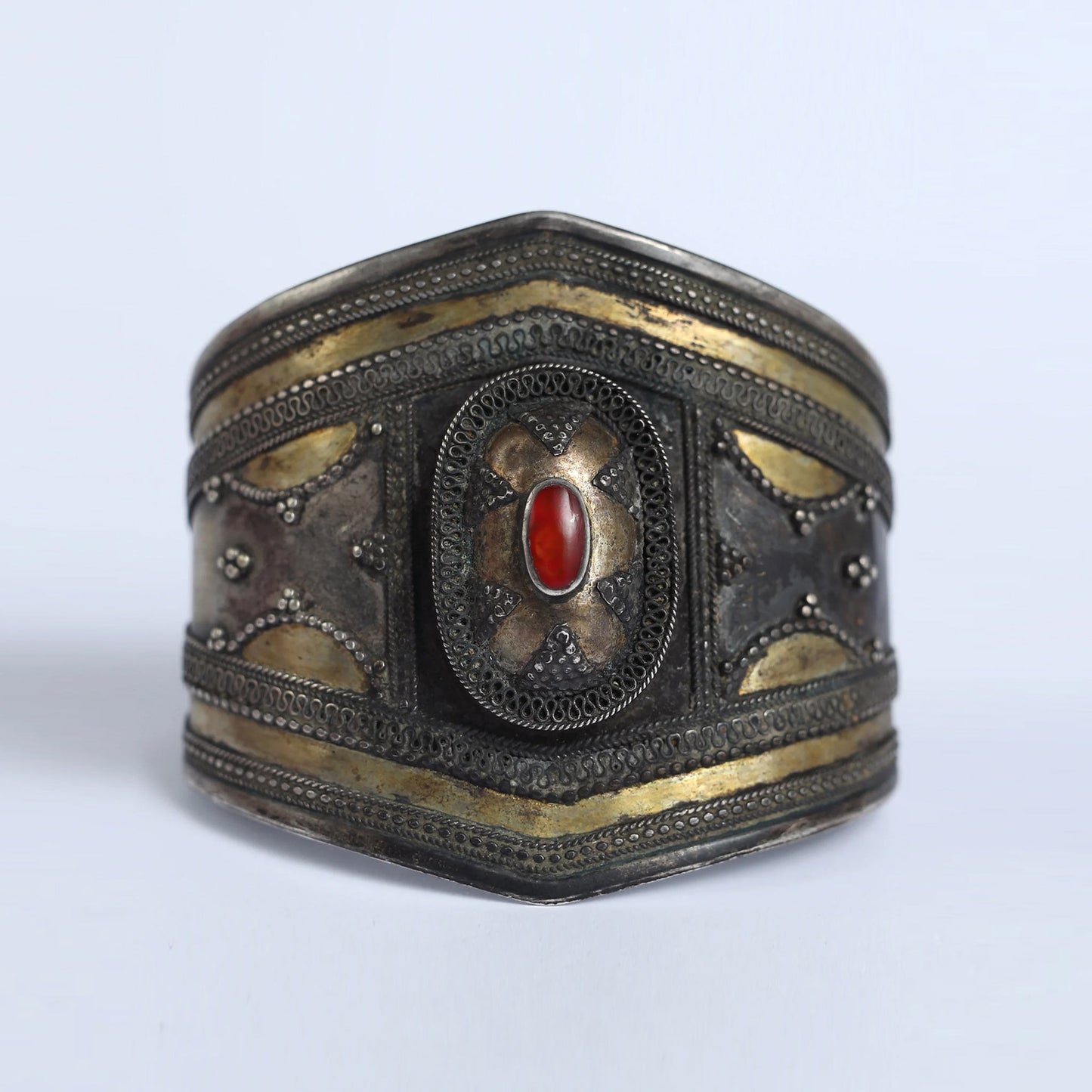 Ethnic Cuff Bracelet, Silver and Carnelian Crystal