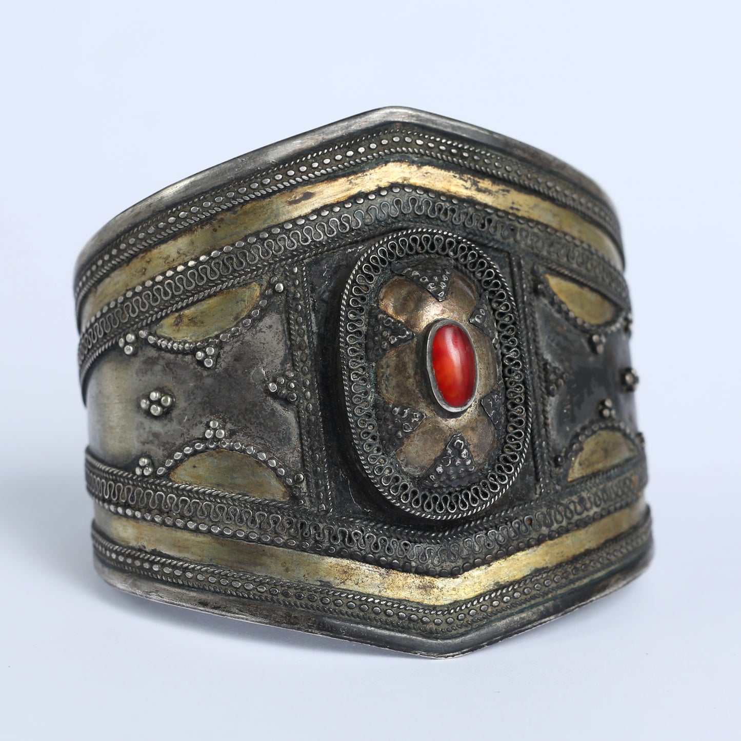 Ethnic Cuff Bracelet, Silver and Carnelian Crystal