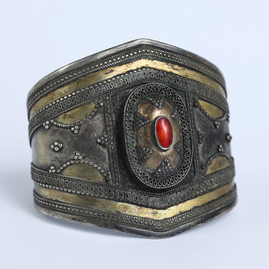 Ethnic Cuff Bracelet, Silver and Carnelian Crystal
