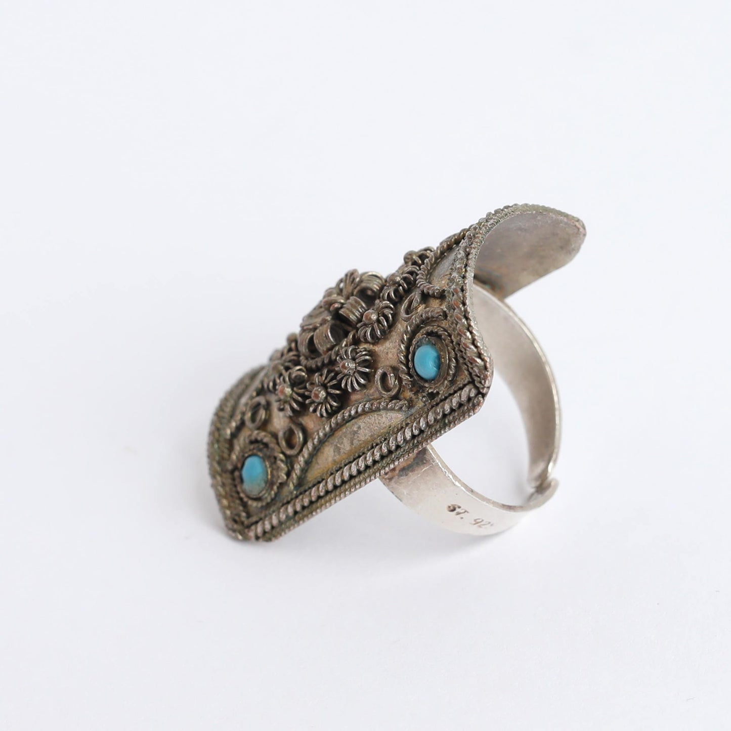 1930s Hand Made 925 Silver Ring With Turquoise Beads