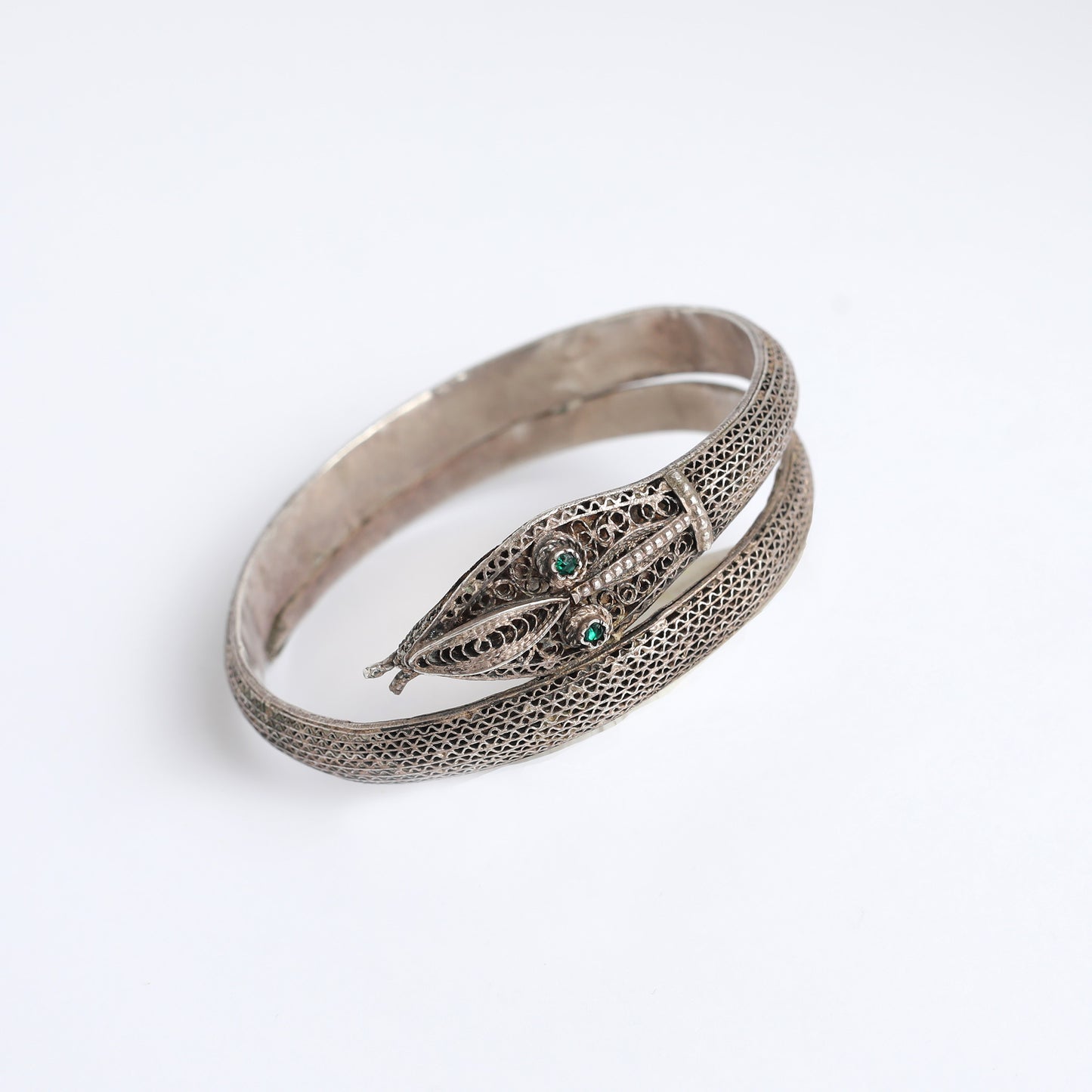 Antique snake 925 Silver Bracelet with green zircons