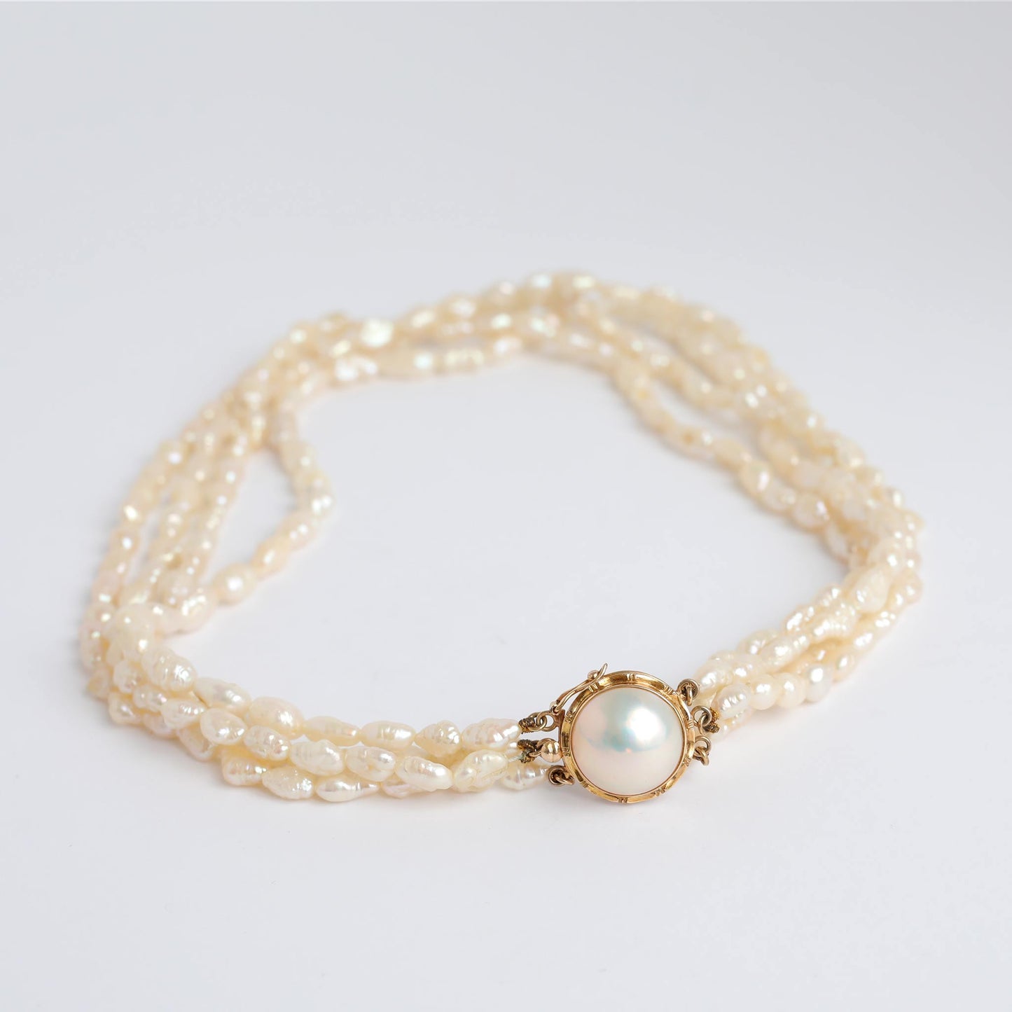 Vintage Quadruple-Strand Rice Pearl Necklace-with pure 14-carat gold