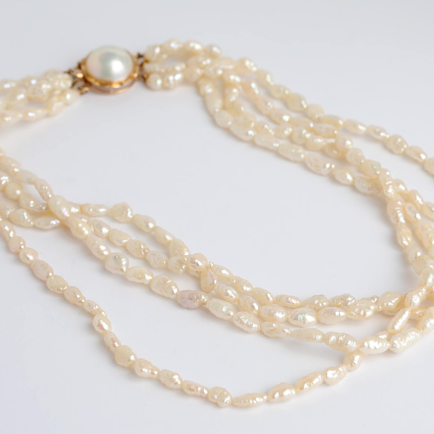 Vintage Quadruple-Strand Rice Pearl Necklace-with pure 14-carat gold