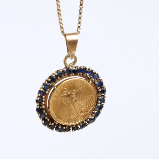 Antique Gold Coin and Sapphire Pendant Necklace in 22  Karat Gold