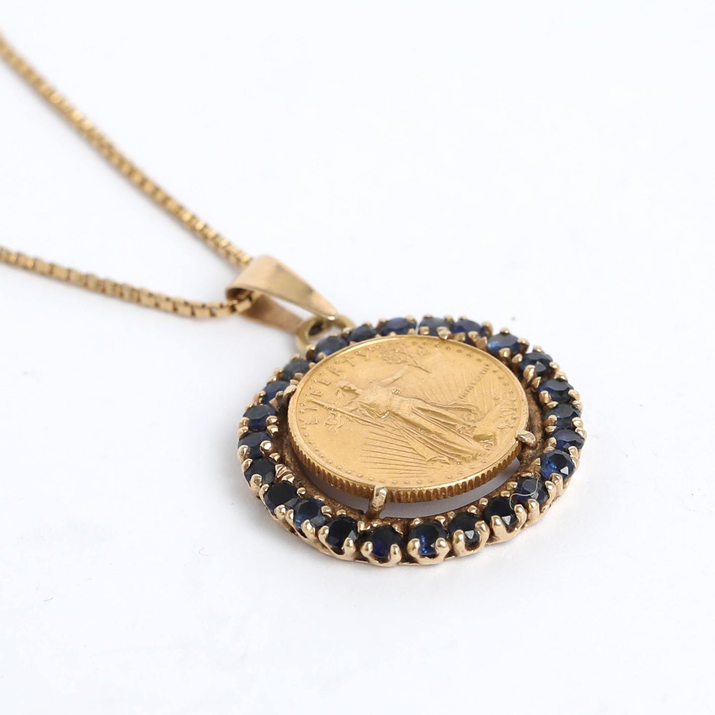 Antique Gold Coin and Sapphire Pendant Necklace in 22  Karat Gold