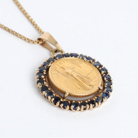 Antique Gold Coin and Sapphire Pendant Necklace in 22  Karat Gold