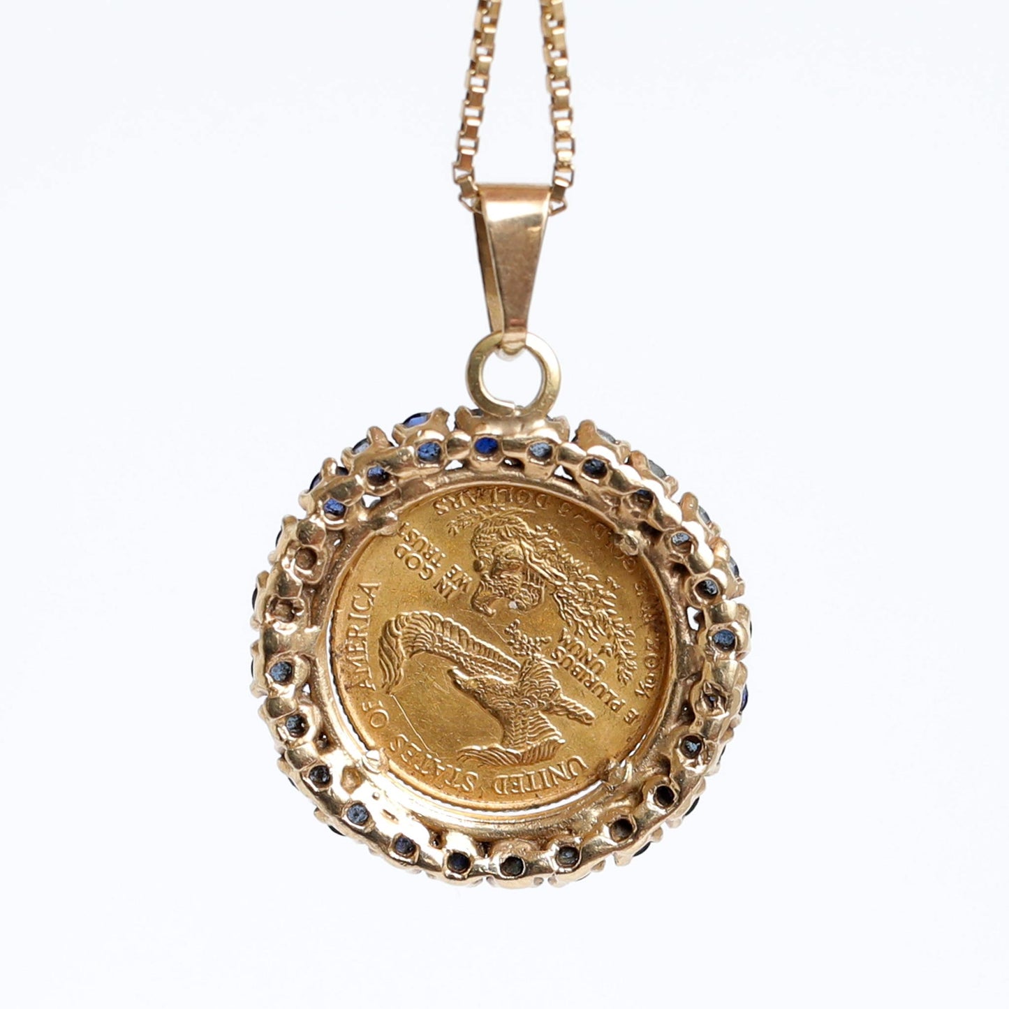 Antique Gold Coin and Sapphire Pendant Necklace in 22  Karat Gold