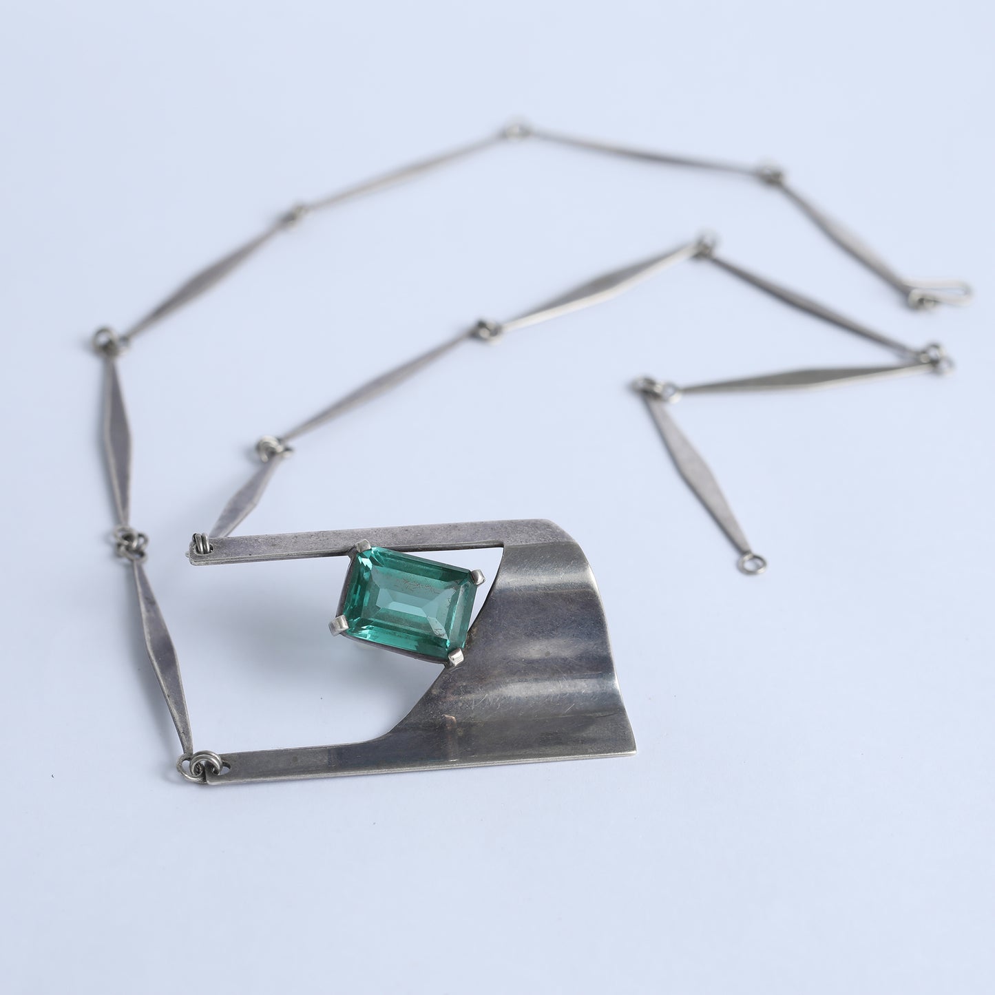 Mix Metals Brutalist Necklace With Green Gemstone, 1950
