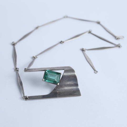 Mix Metals Brutalist Necklace With Green Gemstone, 1950