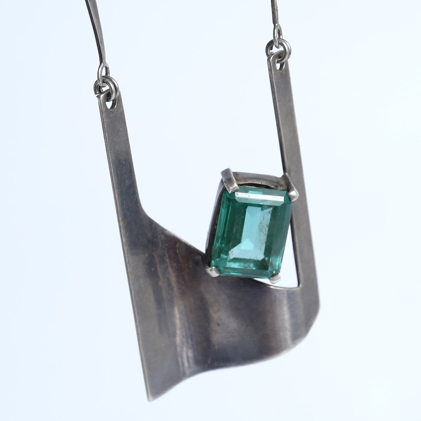 Mix Metals Brutalist Necklace With Green Gemstone, 1950