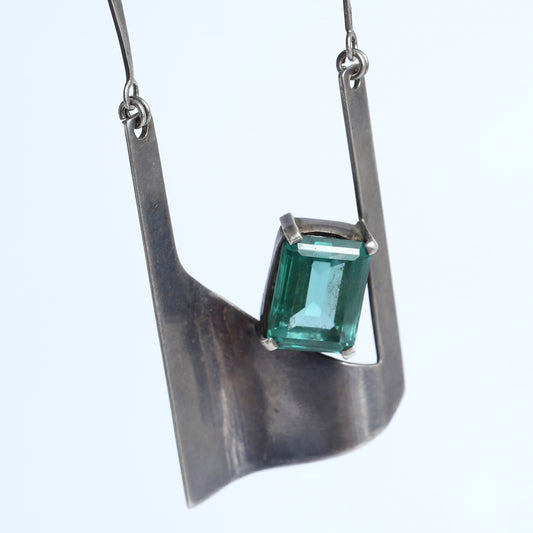 Mix Metals Brutalist Necklace With Green Gemstone, 1950
