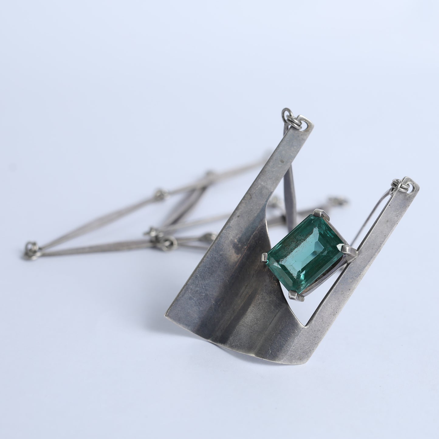 Mix Metals Brutalist Necklace With Green Gemstone, 1950