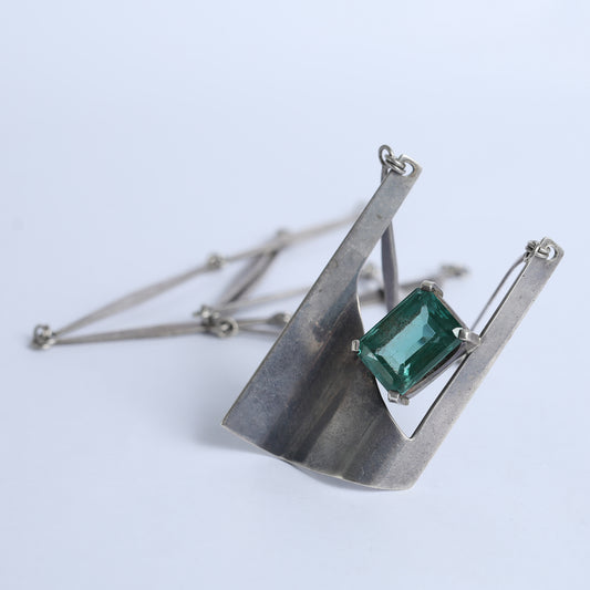 Mix Metals Brutalist Necklace With Green Gemstone, 1950