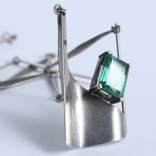 Mix Metals Brutalist Necklace With Green Gemstone, 1950