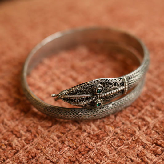 Antique snake 925 Silver Bracelet with green zircons