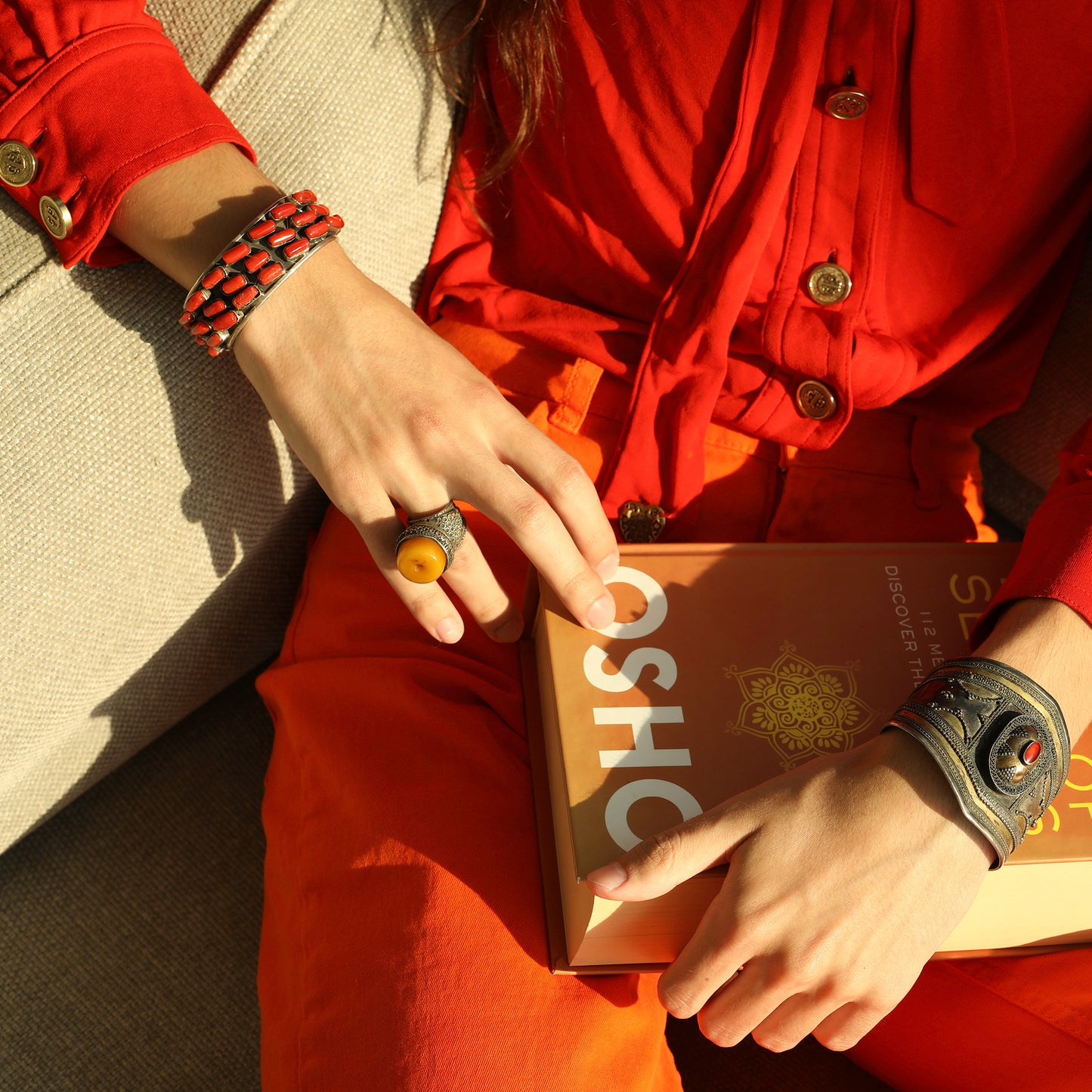 Ethnic Cuff Bracelet, Silver and Carnelian Crystal