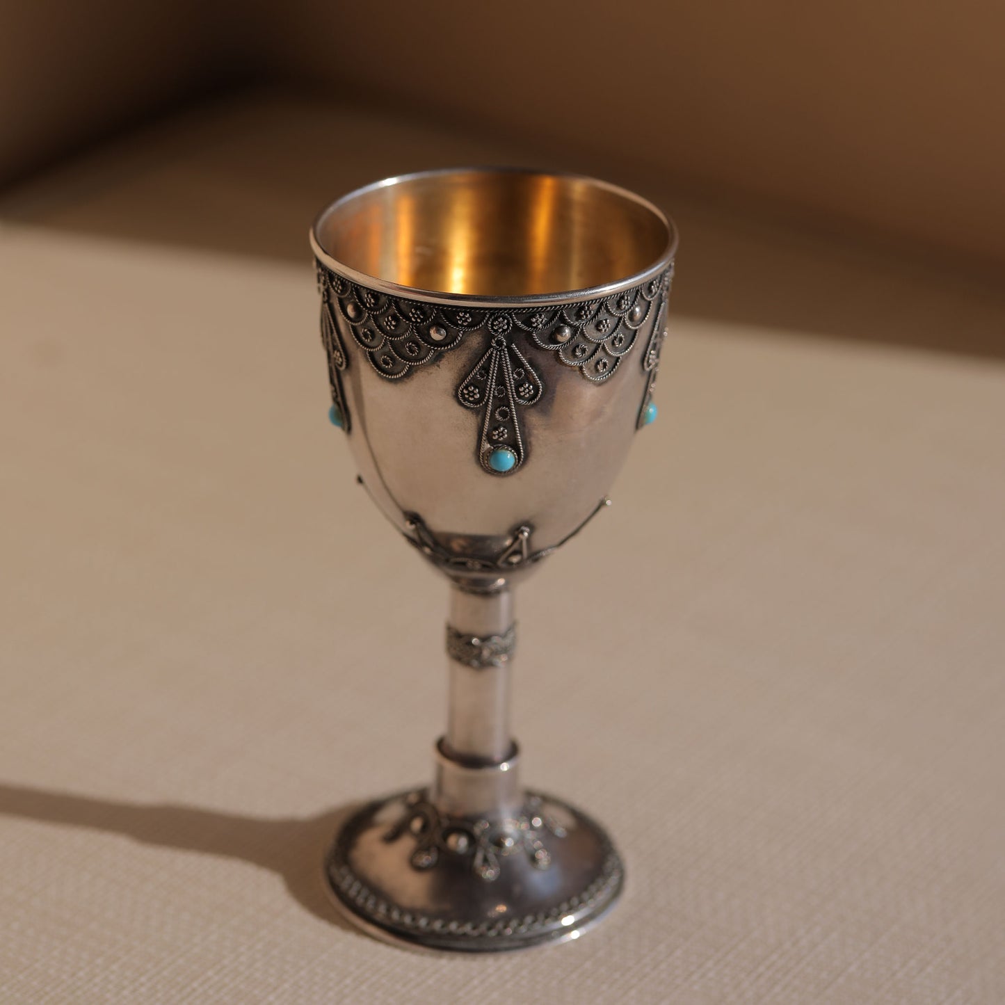 1950s Silver Kiddush Cup with Turquoise Stones and 'Jerusalem' Stamp