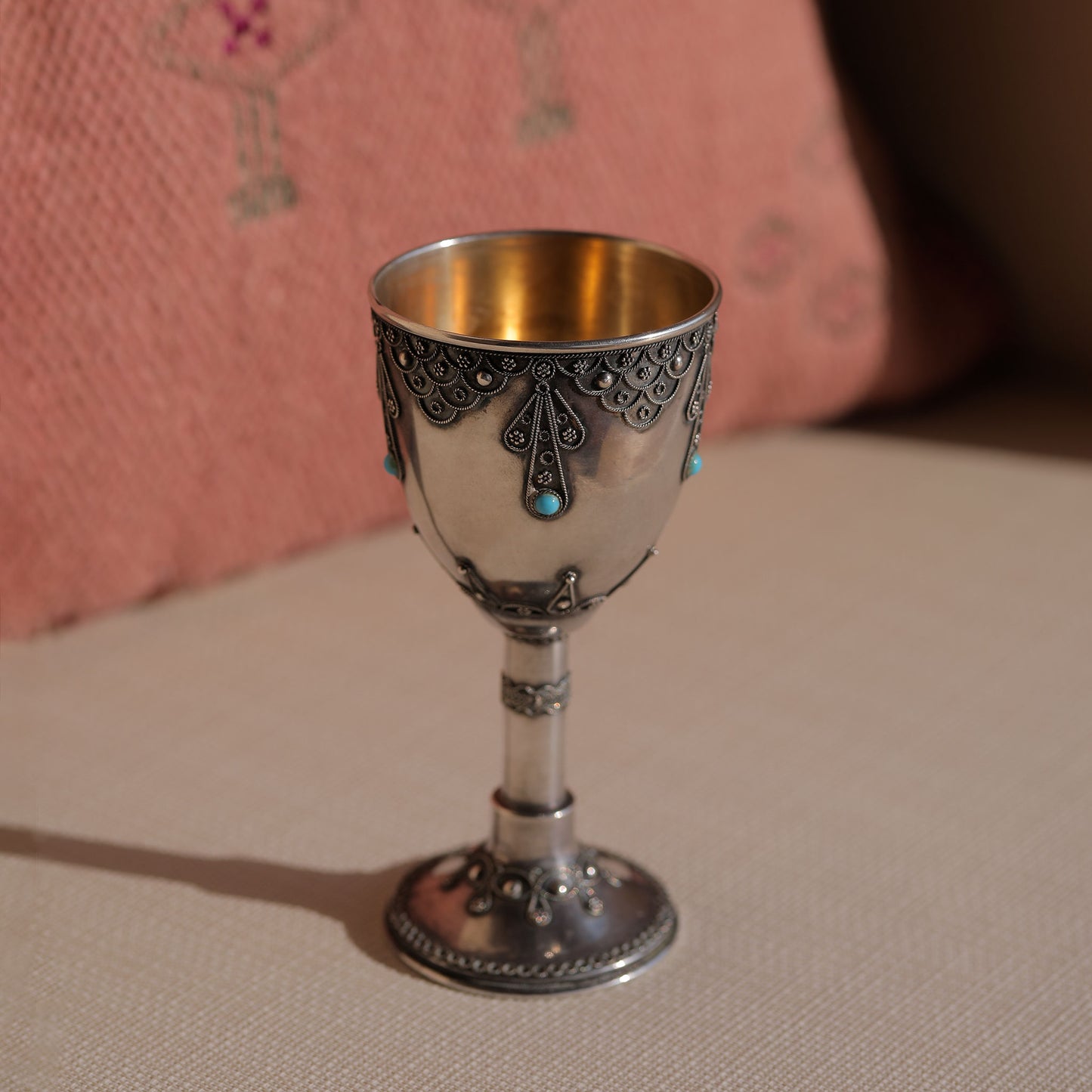 1950s Silver Kiddush Cup with Turquoise Stones and 'Jerusalem' Stamp