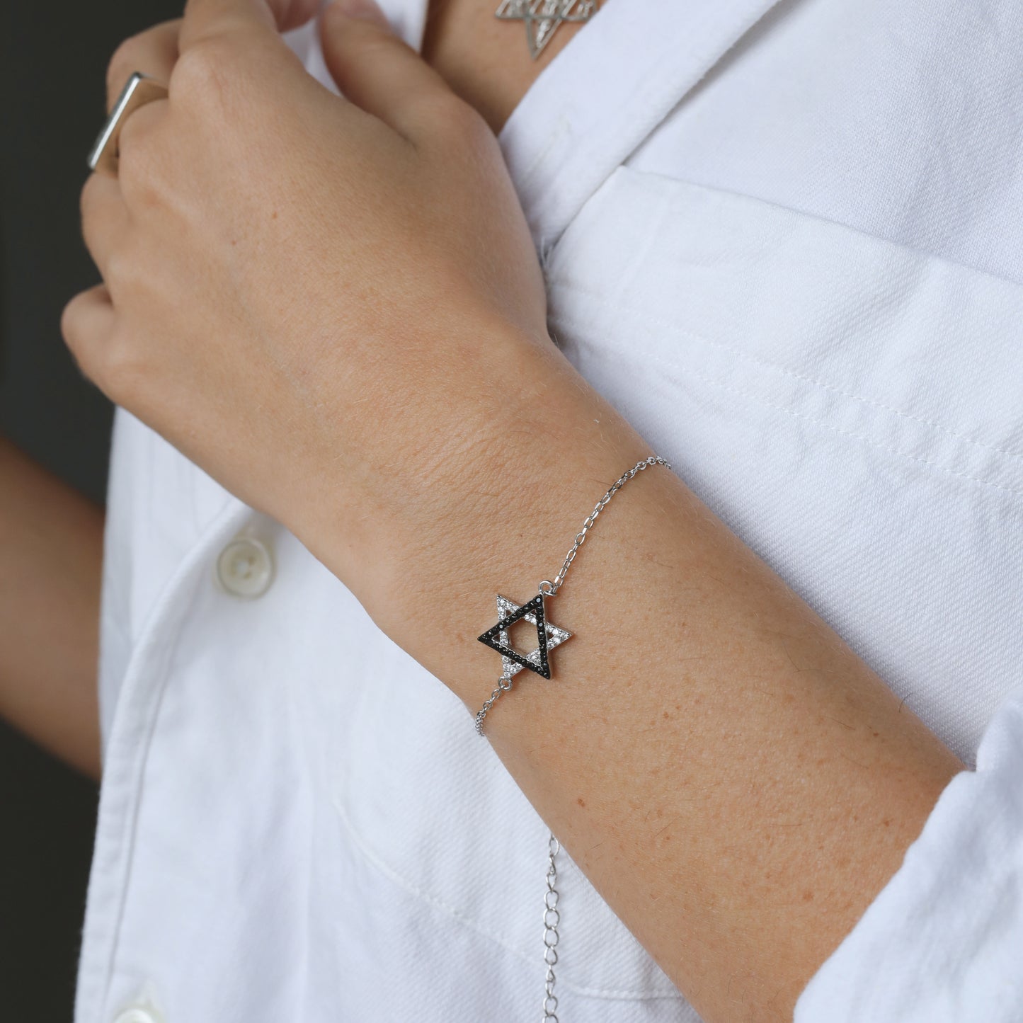 Sterling Silver Star of David Bracelet with Onyx and Zircon