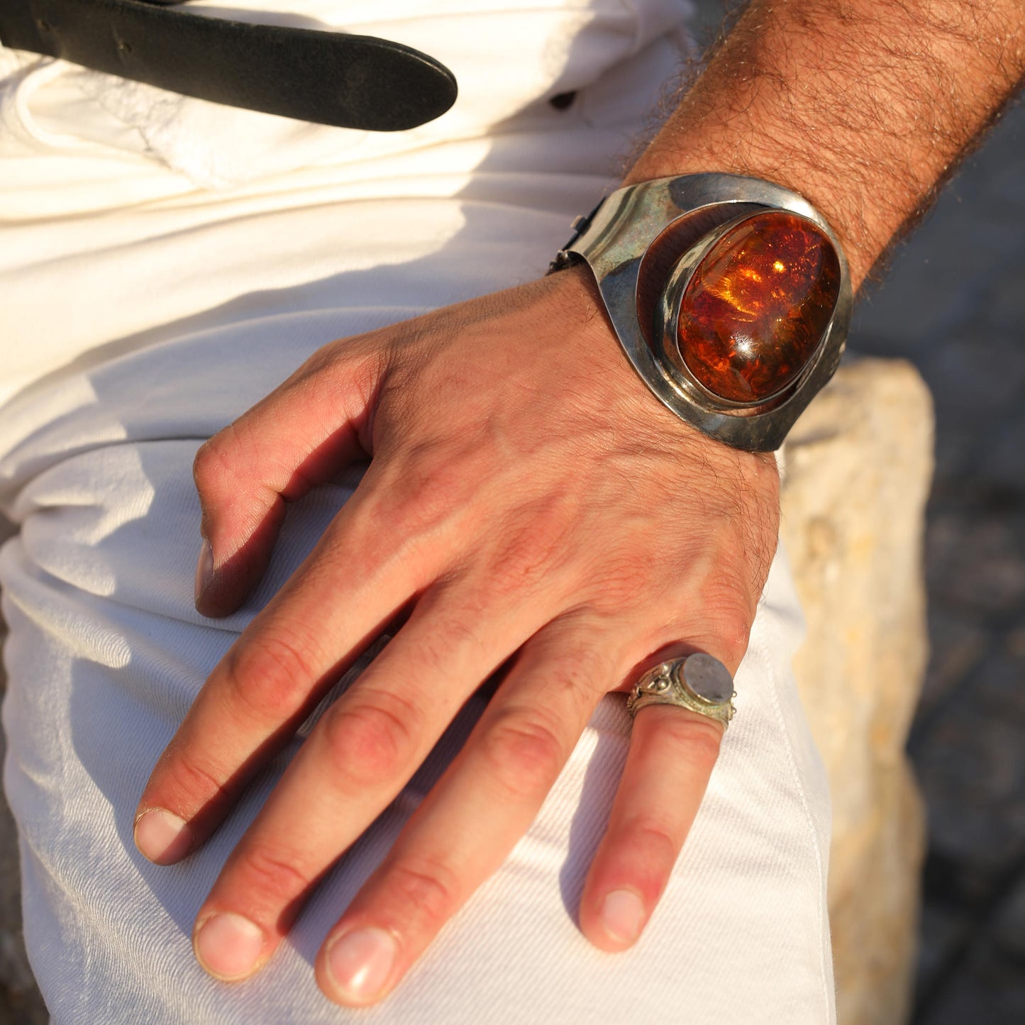 silver cuff 925 with old natural amber