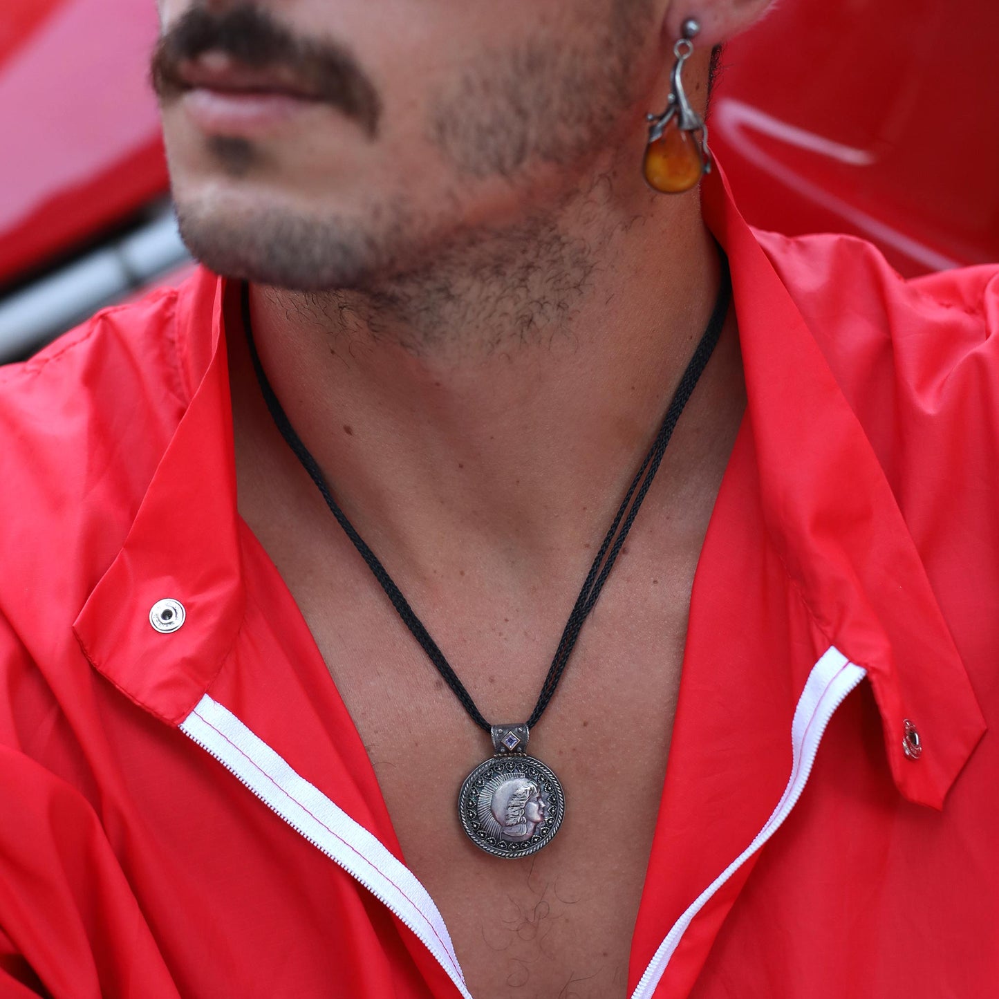 silver and touch of gold Roman coins pendant with amethyst stone