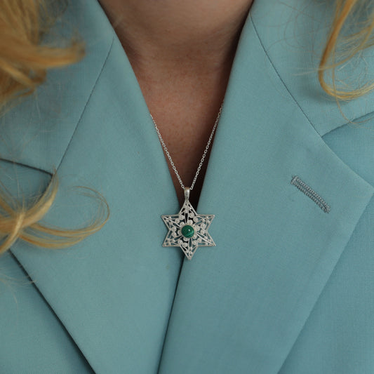 Malcit Stone Elegance: Sterling Silver Star of David Pendant