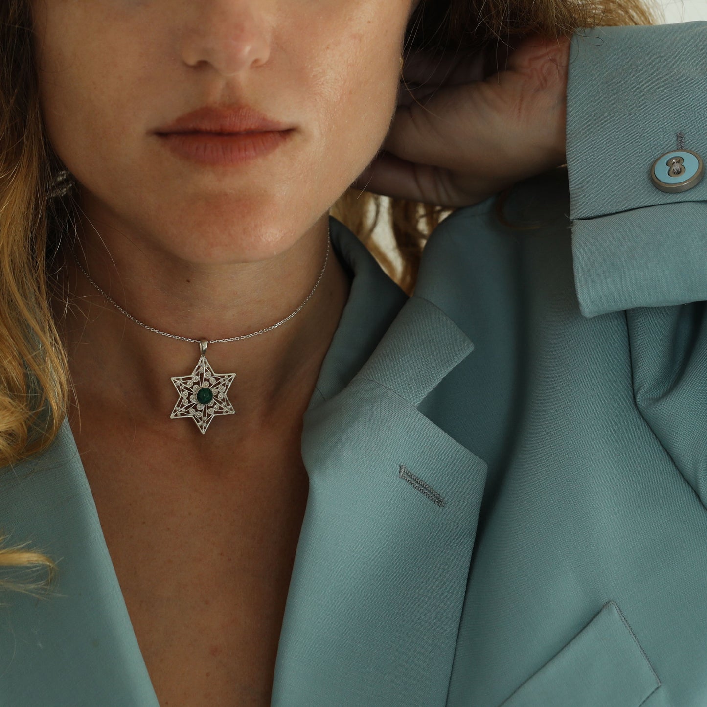 Malcit Stone Elegance: Sterling Silver Star of David Pendant