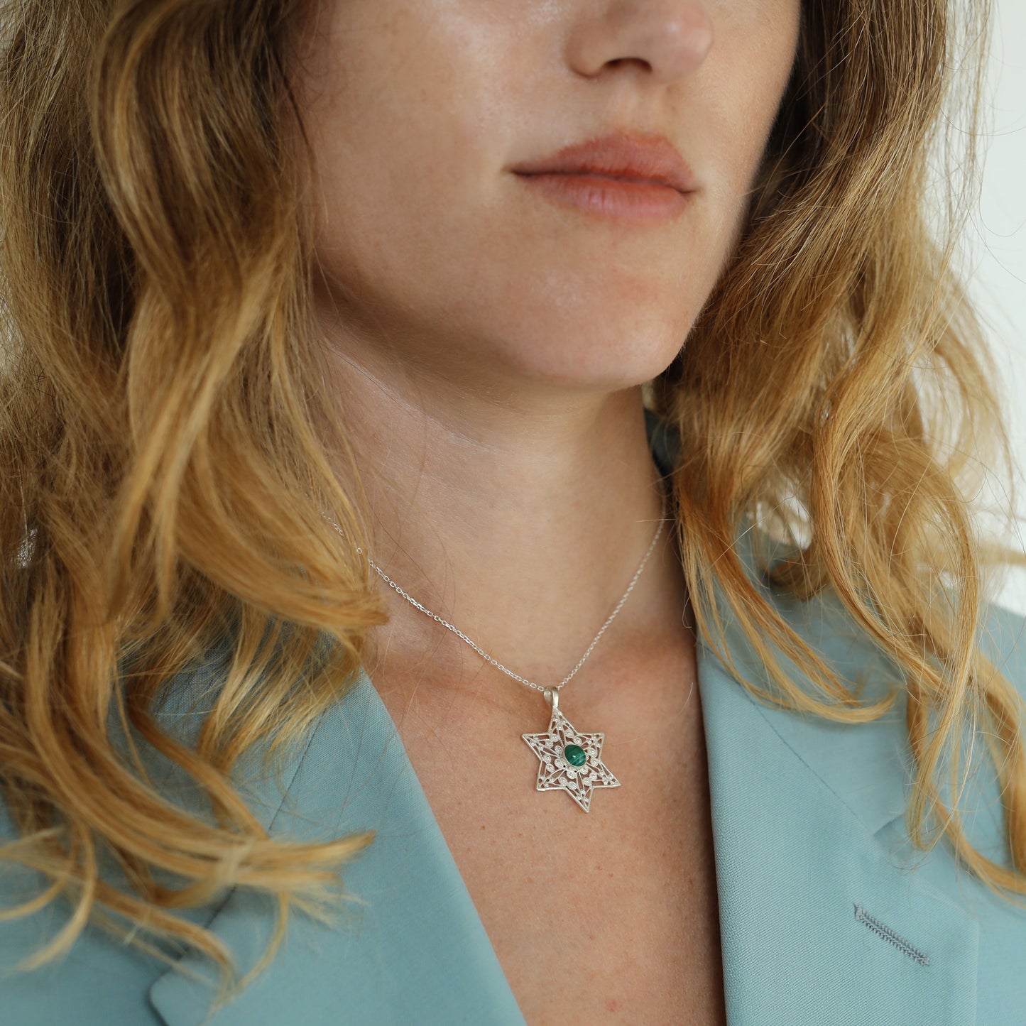 Malcit Stone Elegance: Sterling Silver Star of David Pendant