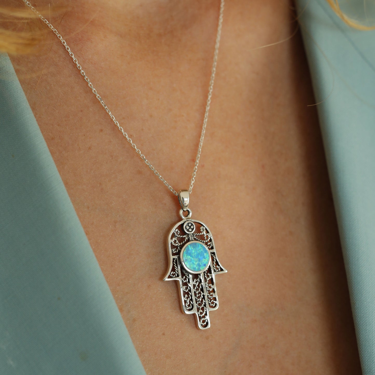 Turquoise Sterling Silver Hamsa Necklace